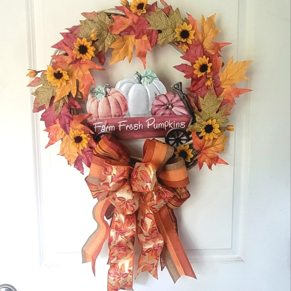 Host Pick Fall Harvest Wreath Bows Pumpkins Sunflowers Oak Leaves - Picture 8 of 8